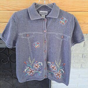 Vintage Women's Cotton Ramie Size Small Embroidered Floral Festival Sweater 3D